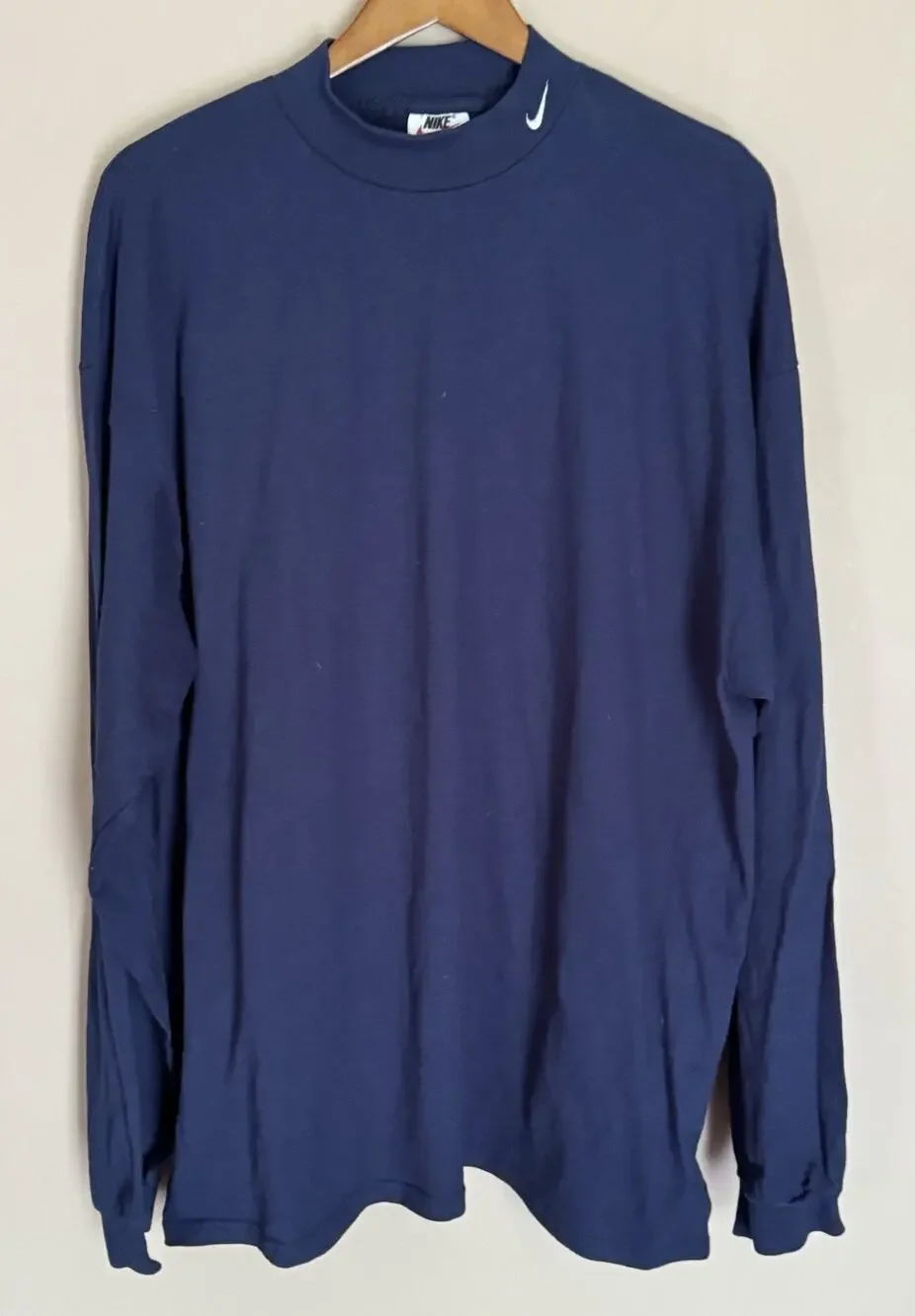 Nike T-Shirt 2XL Y2K Mock Neck Long Sleeve Blue Embroidered Swoosh